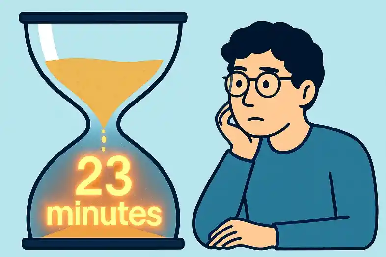 A modern hourglass: sand turning into glowing numbers “23 minutes