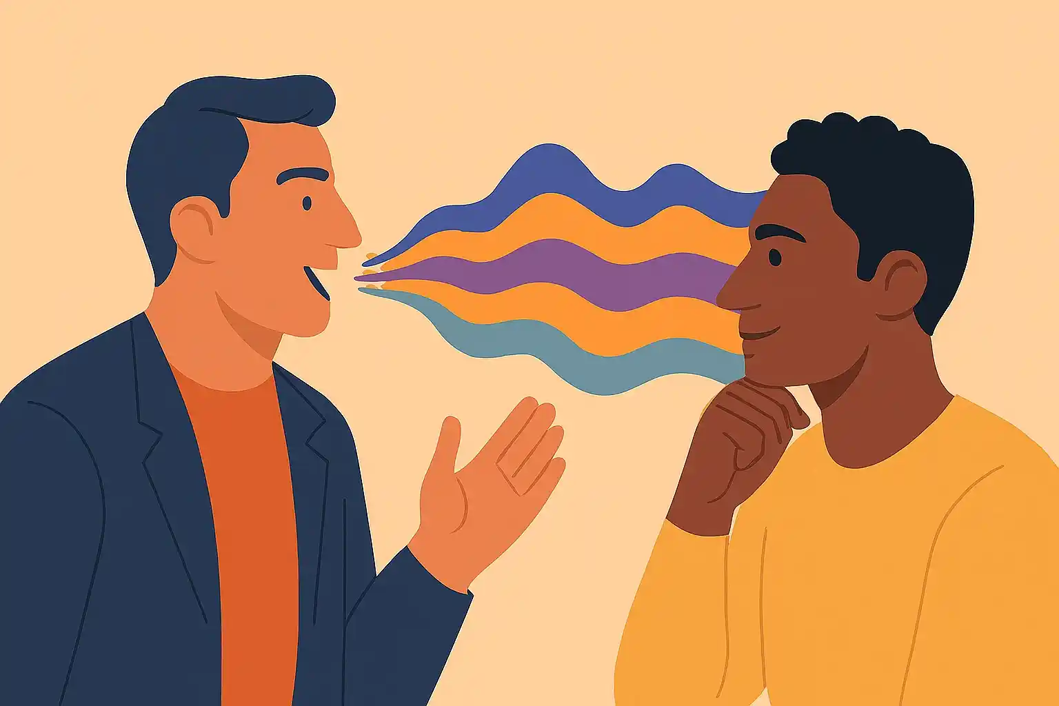 Person speaking energetically with expressive voice, another person listening attentively, emphasizing engaging tone