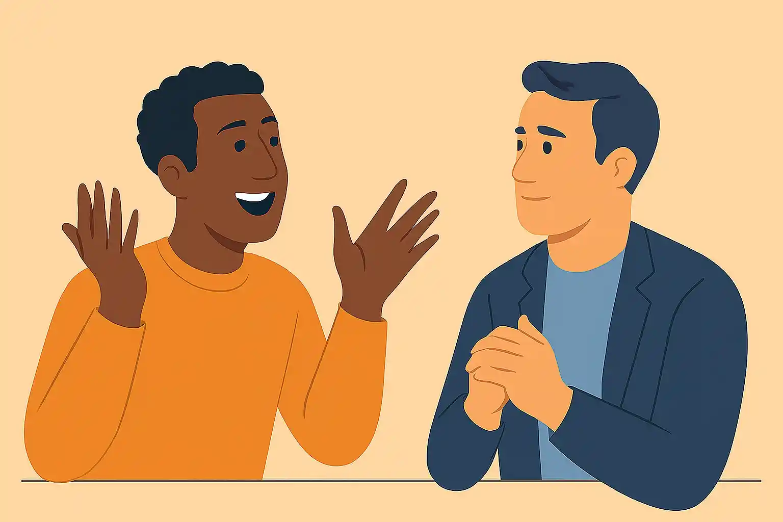 Two people in conversation, one using expressive hand gestures and facial expressions to maintain engagement