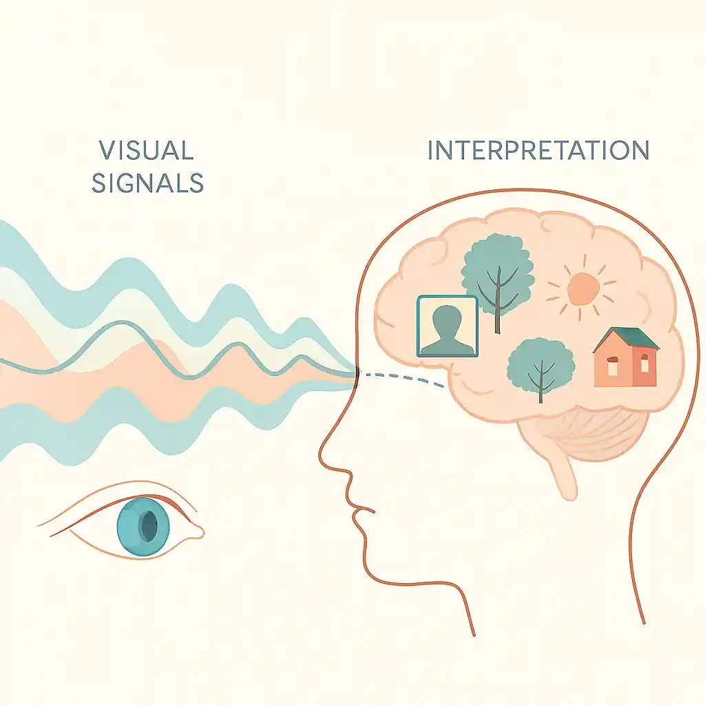 Human eyes receiving raw visual signals that transform into symbols and images inside the brain. The outside world appears as abstract waves of data, while the brain interprets them into meaningful shapes. Scientific and cognitive psychology illustration, clean style, soft colors, high clarity.