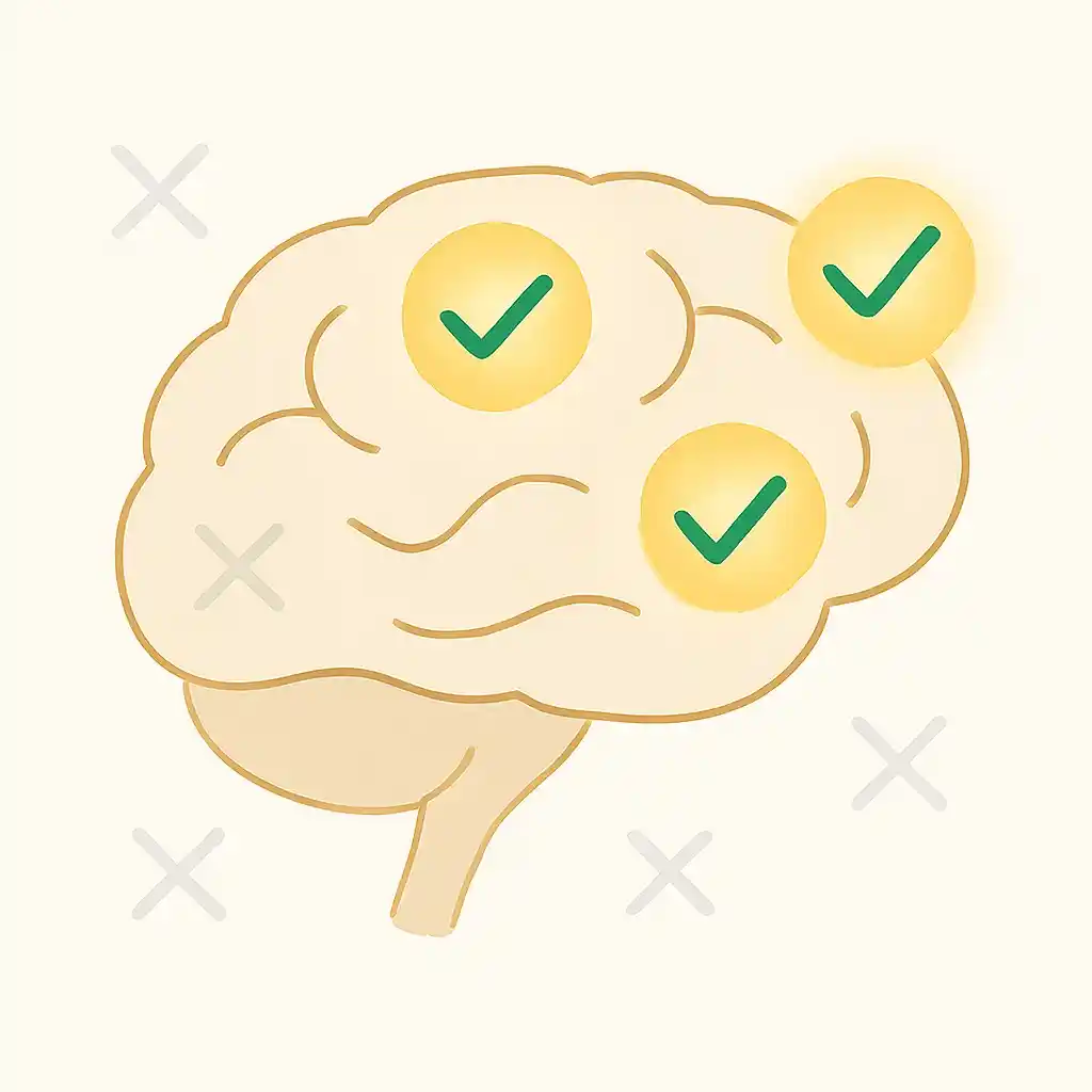 A human brain selectively highlighting certain information while ignoring others, with glowing confirmation symbols and faded contradictory data.