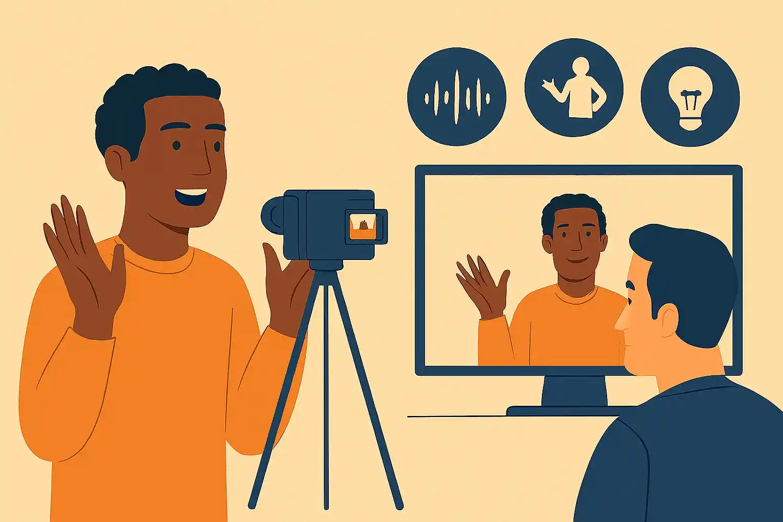 A person recording themselves speaking and watching the video to analyze voice, body language, and content.