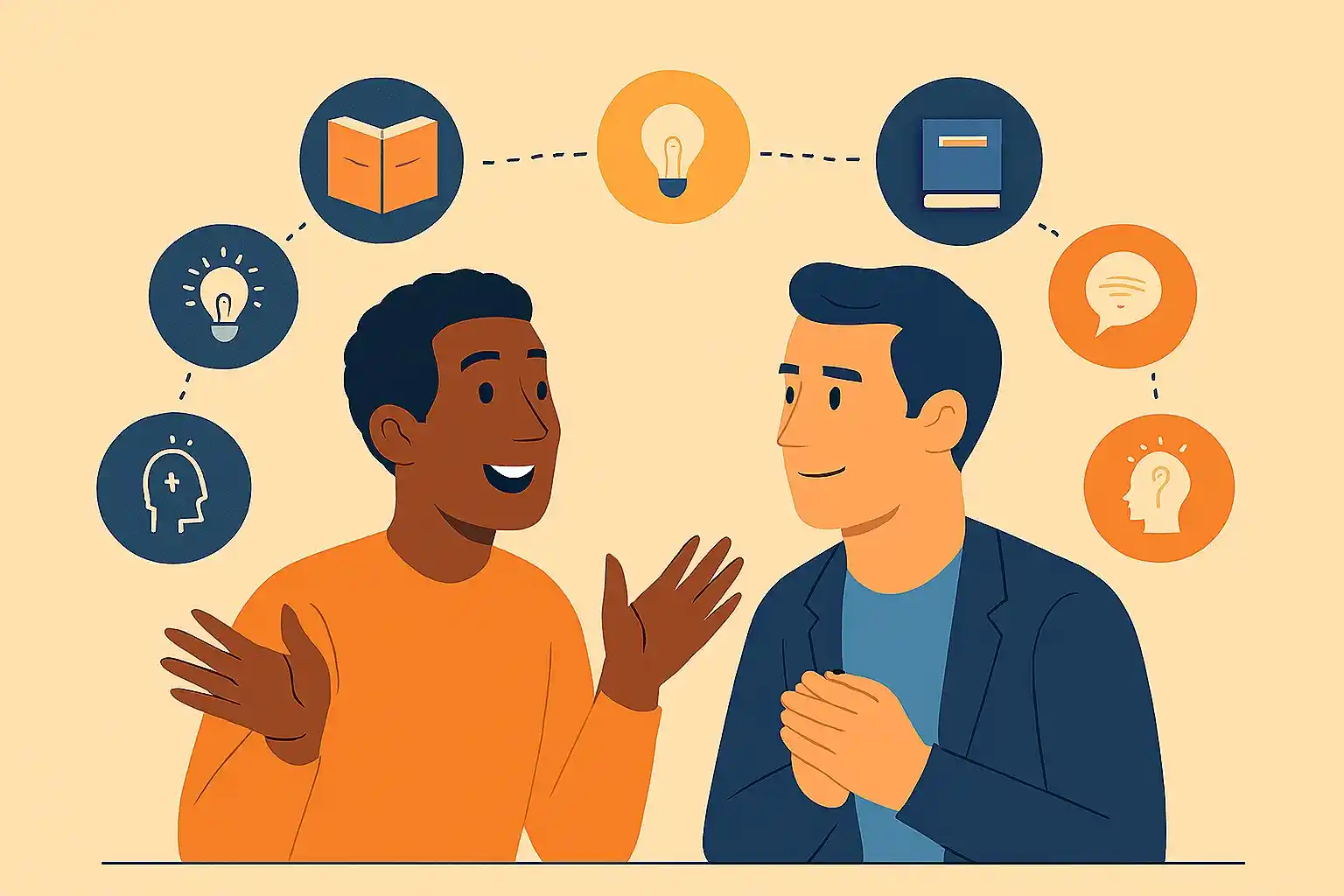 Two people talking with icons of ideas and lightbulbs around them, symbolizing meaningful and interesting conversation