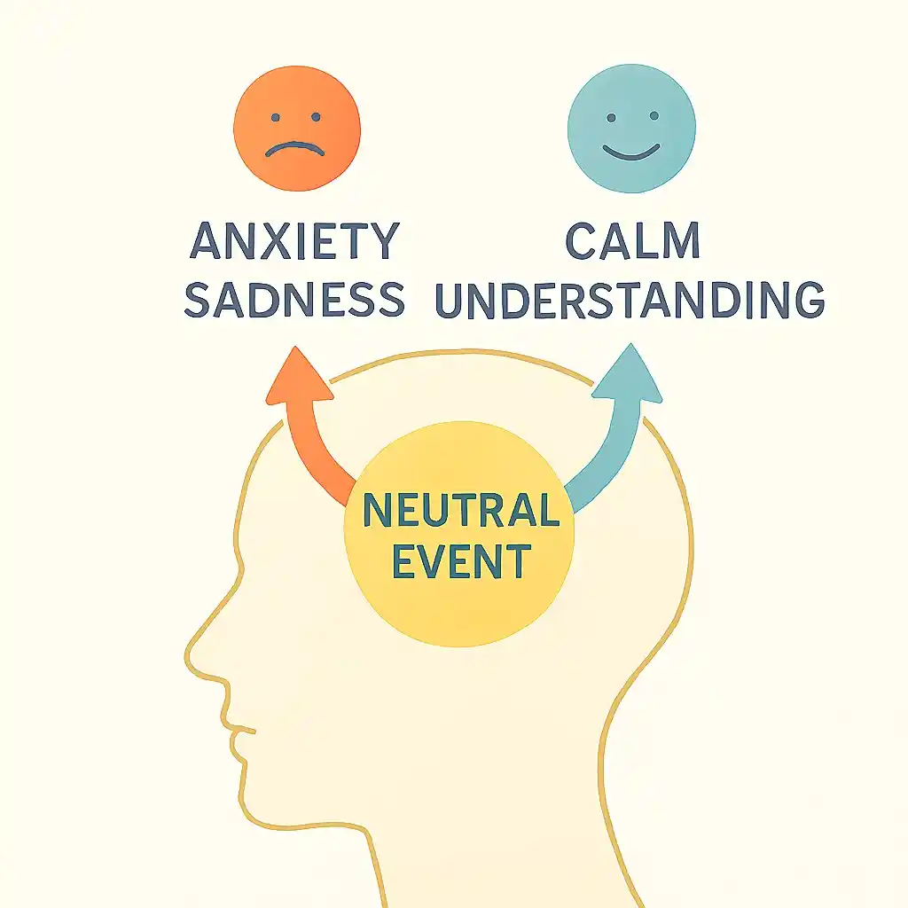 A single neutral event shown in the center, branching into two thought paths inside the mind—one leading to anxiety and sadness, the other to calm and understanding.