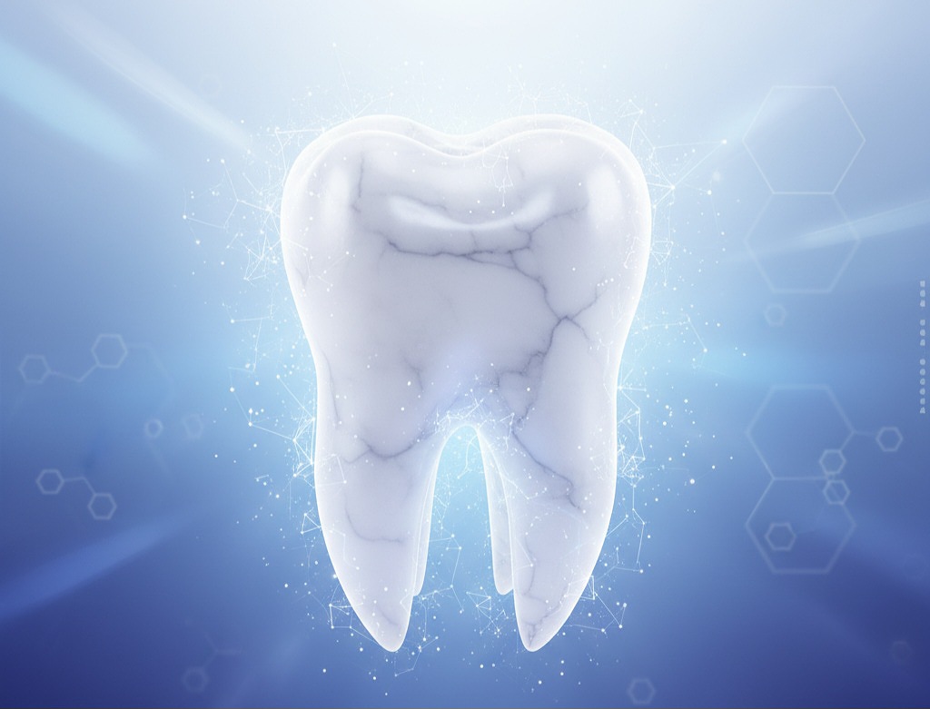 Glowing, translucent human molar with subtle internal cracks, against a blue scientific background with faint molecular structures and light rays, symbolizing dental strength and permanence