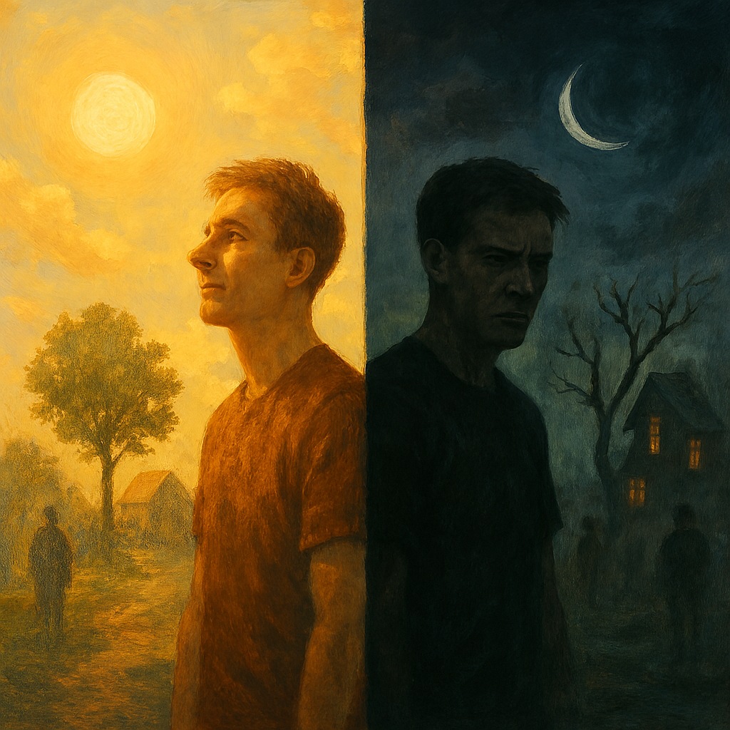 Two people standing in the same environment. One sees the world as bright and hopeful, the other sees it dark and threatening. The scene splits visually to show contrasting perceptions of the same reality.