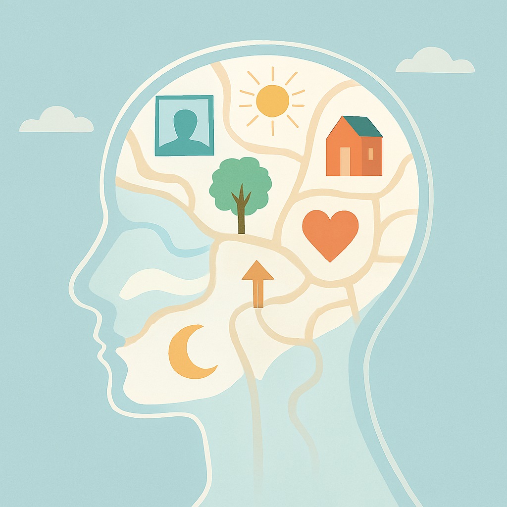 A transparent human head containing a structured inner landscape made of memories, experiences, beliefs, and emotions represented as floating symbols and pathways.