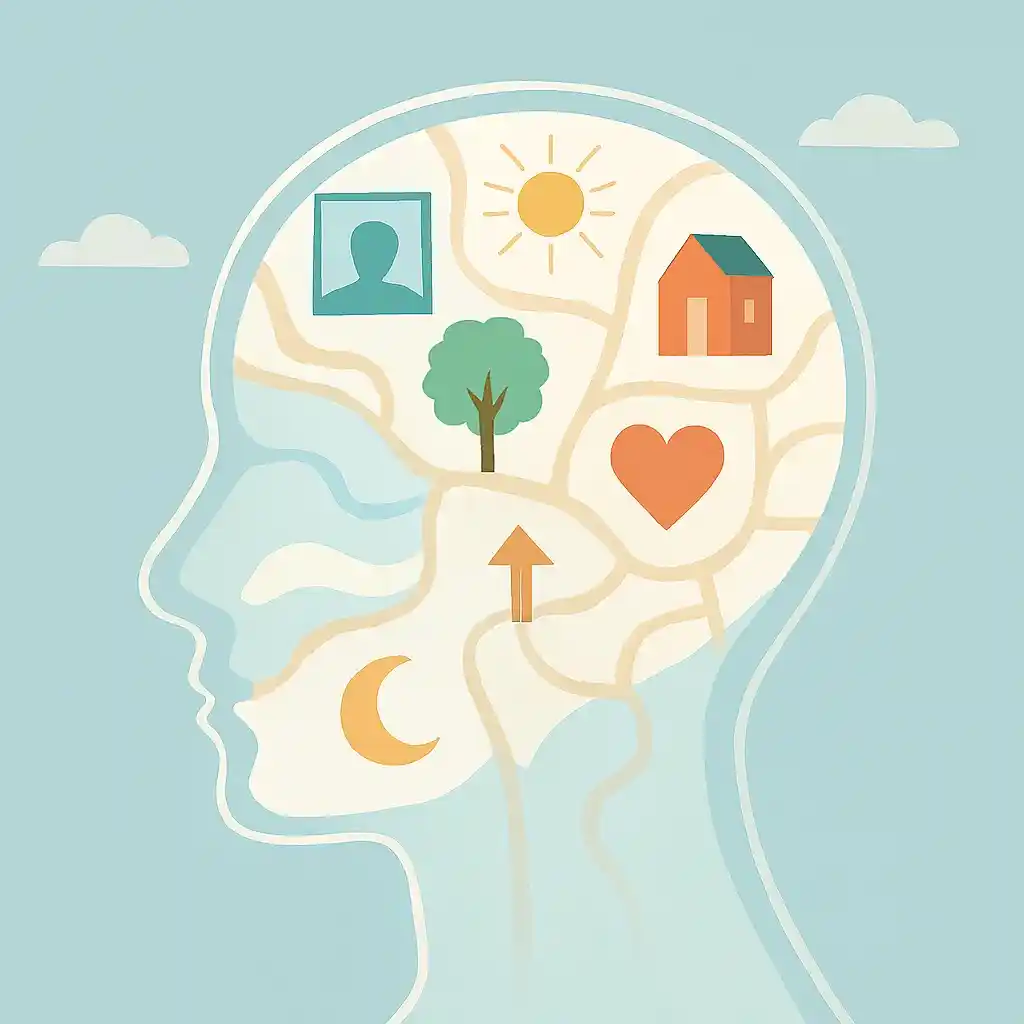 A transparent human head containing a structured inner landscape made of memories, experiences, beliefs, and emotions represented as floating symbols and pathways.