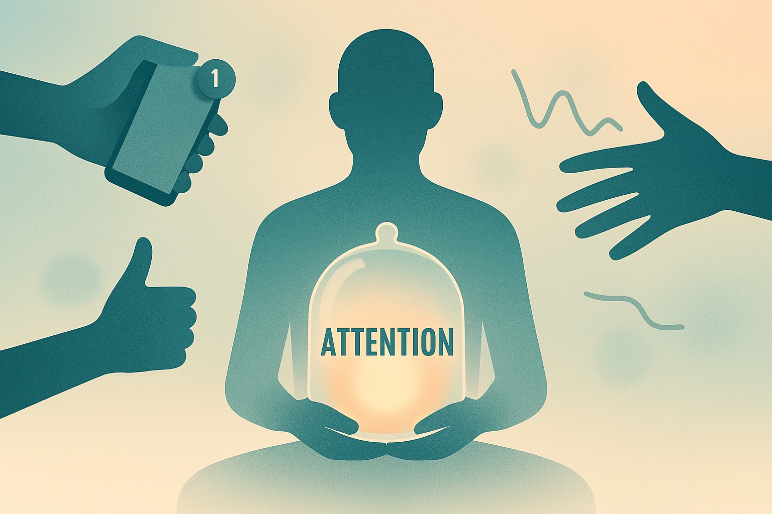 A glowing crystal labeled “Attention” protected inside a glass dome, while hands of social media, smartphones, and notifications try to grab it