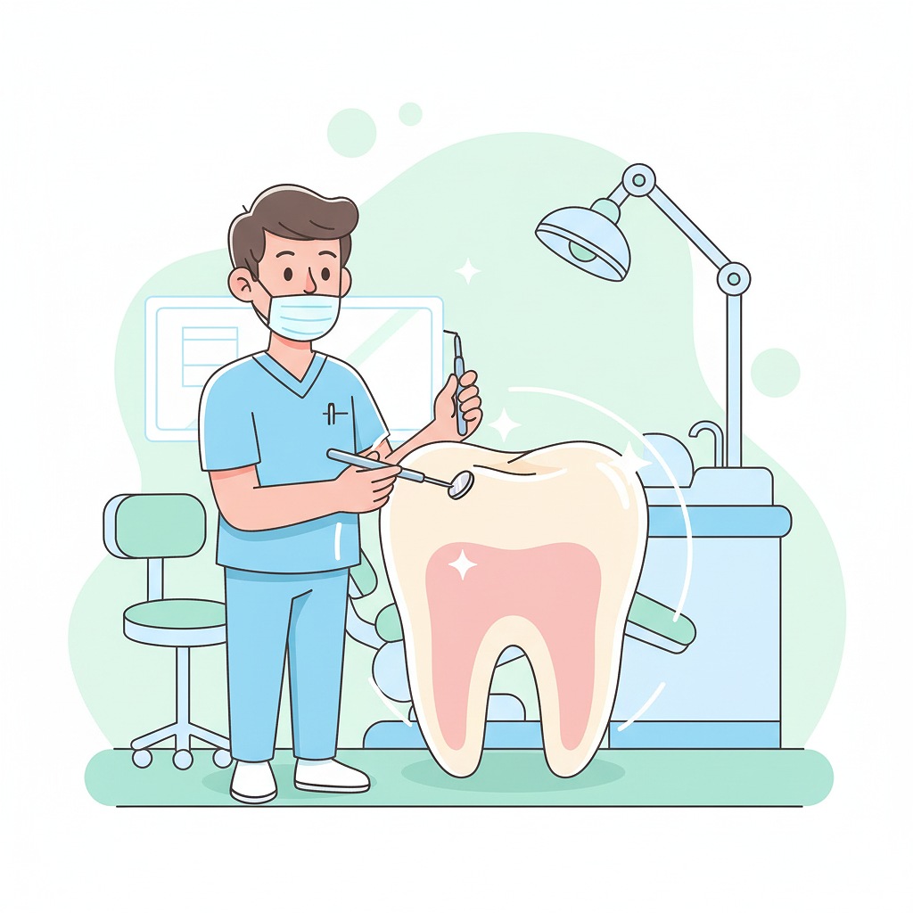 beautiful medical illustration of a smiling dentist character gently repairing a human tooth, designed with a clean,