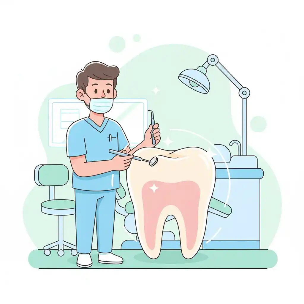 beautiful medical illustration of a smiling dentist character gently repairing a human tooth, designed with a clean,