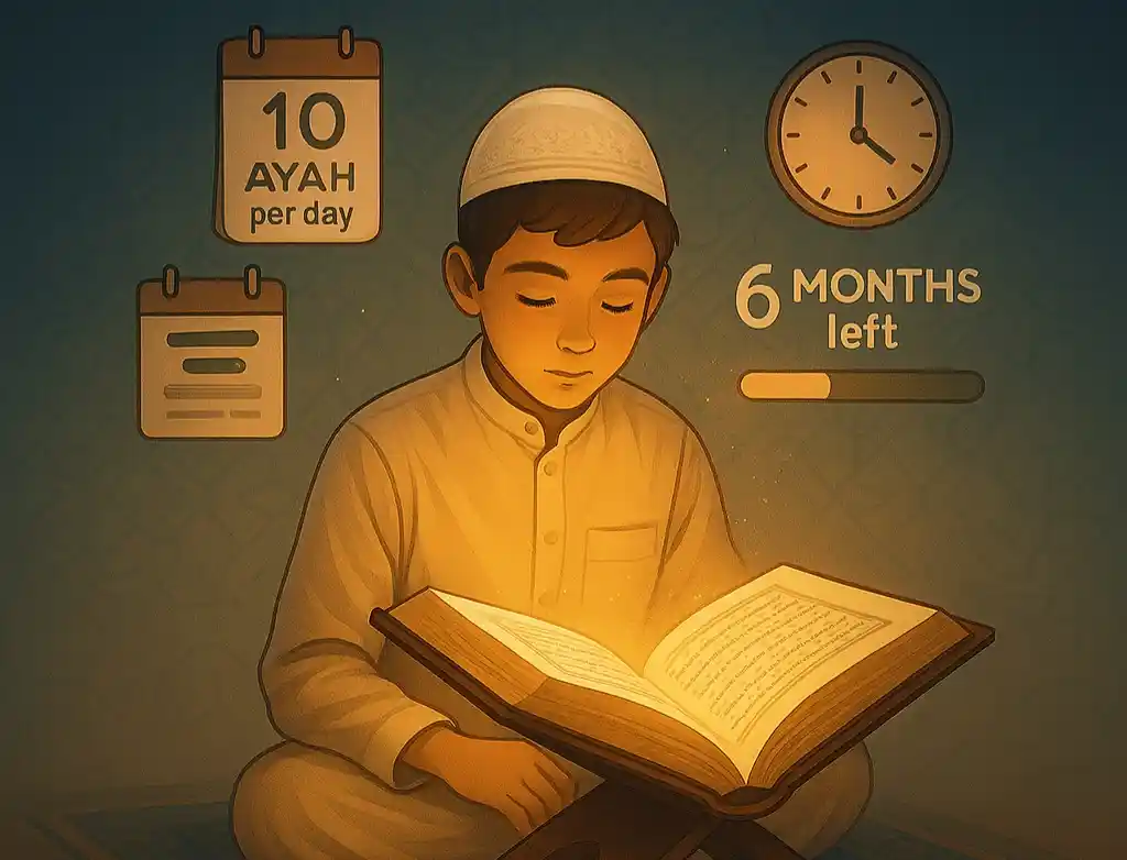 Sawir xasilloon oo muujinaya wiil Muslim ah oo fadhiya isagoo xifdinayaa Qur'aanka, hortiisa yaal Musxaf furan.