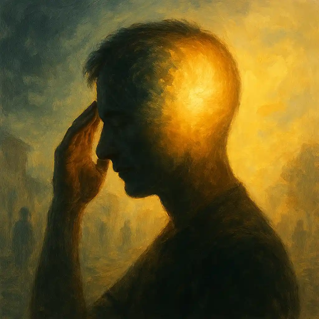 A human figure changing their inner mindset, shown as light replacing darkness inside the mind, while the external world gradually becomes clearer and brighter. Symbolic transformation, hopeful atmosphere, cinematic realism.