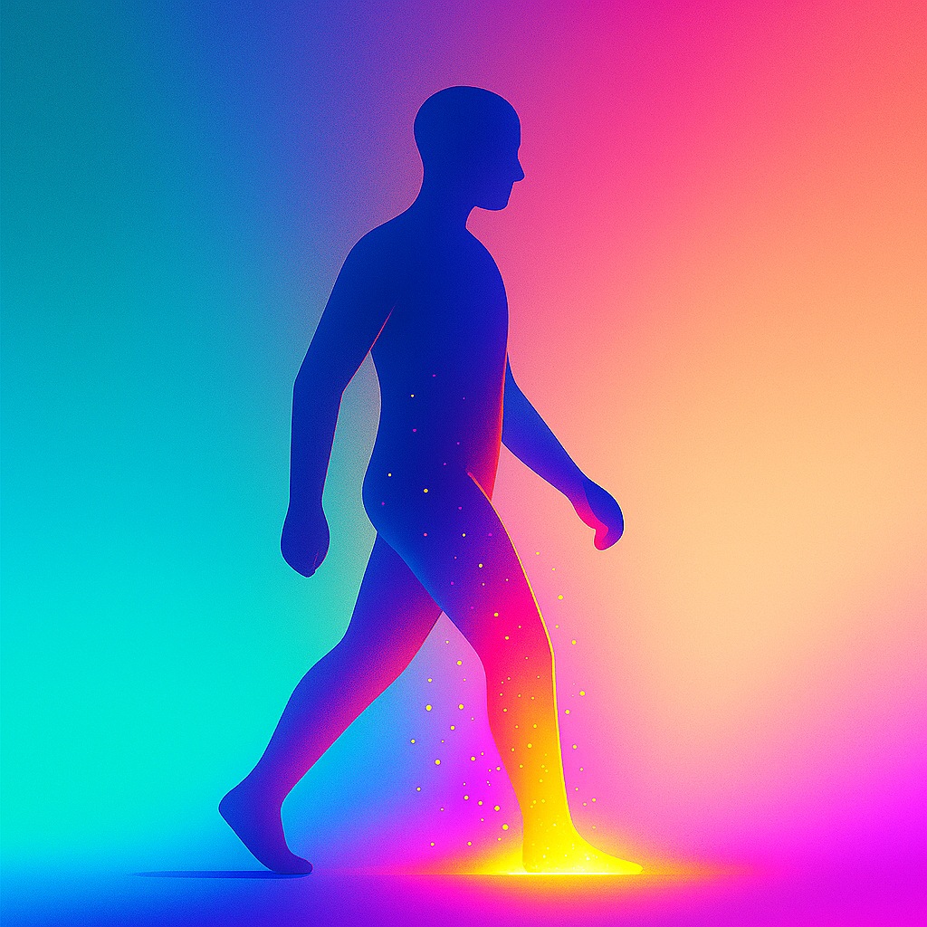 A symbolic image showing a person taking the first step forward as light rises from the ground, representing action creating motivation and dopamine activation