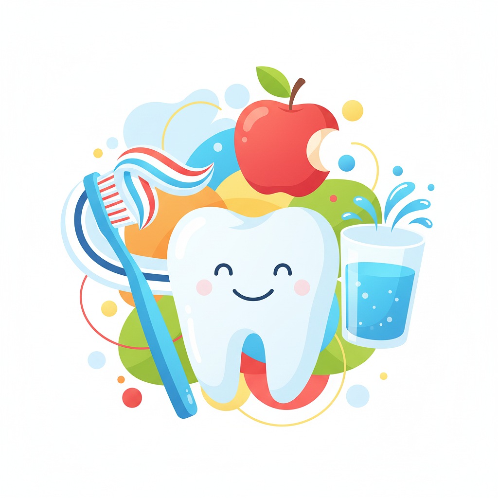 colorful concept art illustration of healthy dental habits, with a toothbrush, toothpaste, apple, and water glass creatively composed around a smiling tooth icon