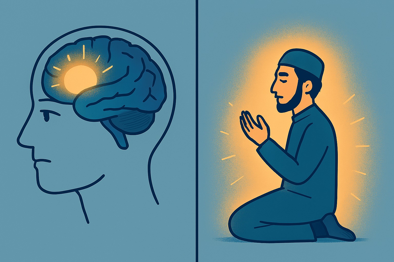 A balanced illustration: on one side a brain diagram (prefrontal cortex glowing), on the other side a Muslim praying in khushu’ with glowing light around. Elegant blend of science and spirituality.