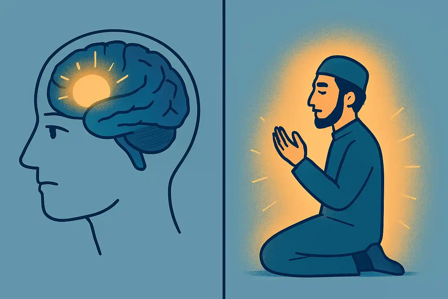 A balanced illustration: on one side a brain diagram (prefrontal cortex glowing), on the other side a Muslim praying in khushu’ with glowing light around. Elegant blend of science and spirituality.