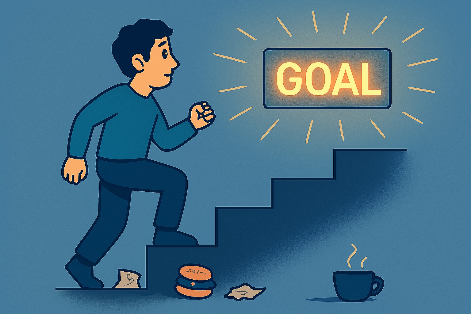 A person climbing stairs toward a glowing “Goal” sign, symbolizing motivation powering attention.