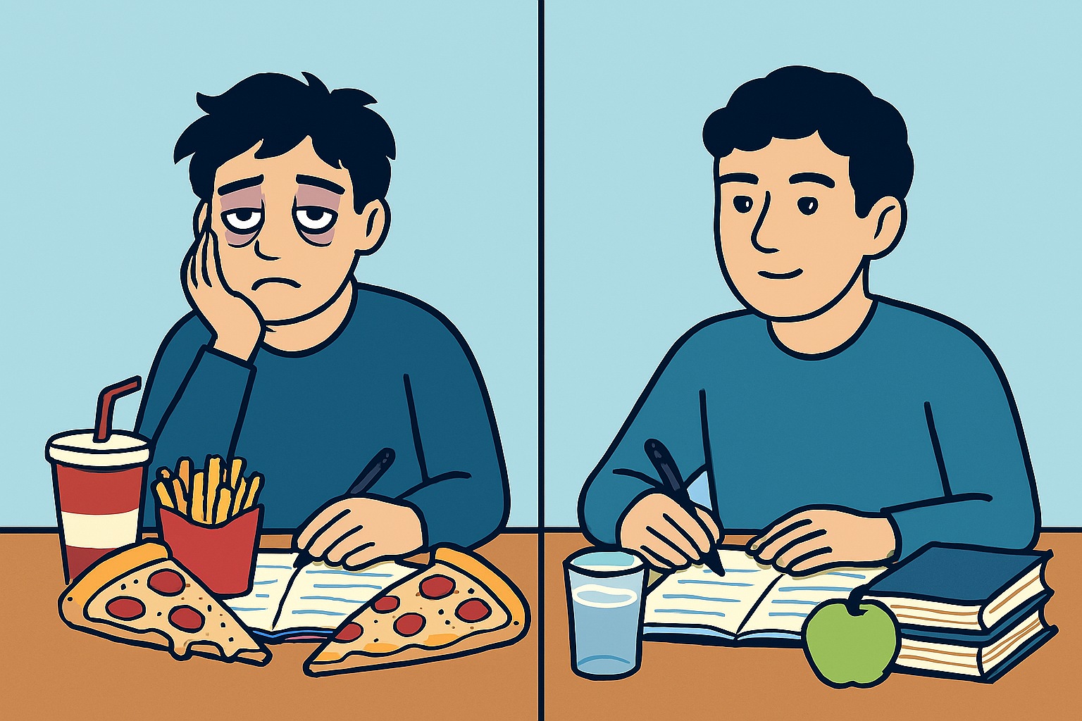 A tired student with dark circles, unhealthy food, and cluttered desk, compared to the same person fresh, rested, and focused=.