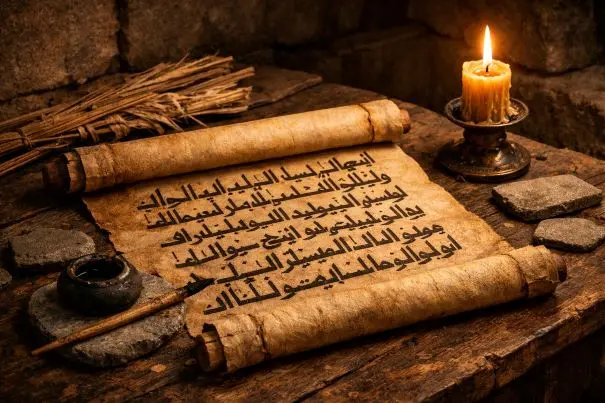 An artistic, close-up shot of an ancient wooden table inside a dimly lit stone room. On the table lies an open parchment (leather scroll) with elegant.